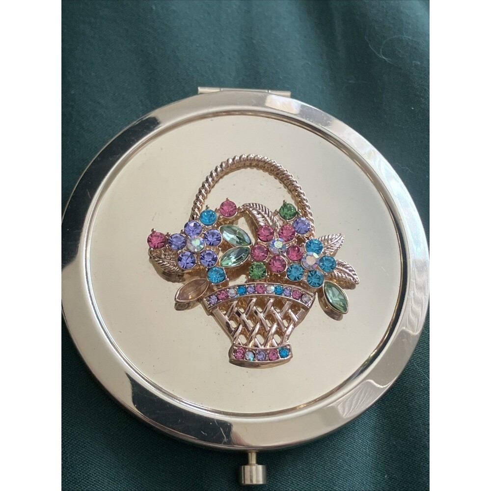 Monet Rhinestone Flower Bouquet Gold Plated Metal Makeup Mirror 2 Sided
